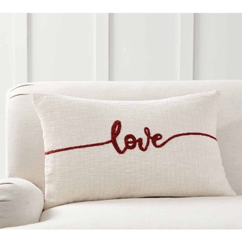 Pottery Barn Sentimental Love Embroidered Pillow Cover Red 16x26 New With Tag